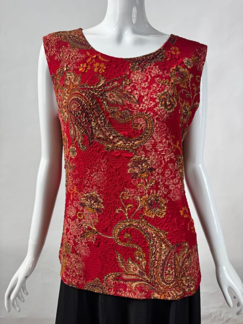 August Max Stretch Red Floral Paisley Jacquard Sleeveless Top Size Lg Made In Ko
